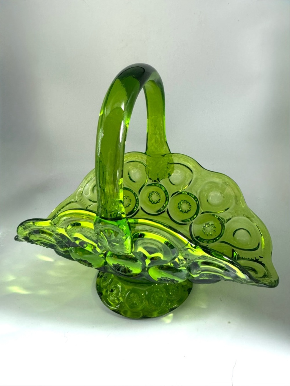 Translucent Green Glass Basket with Curved Handle